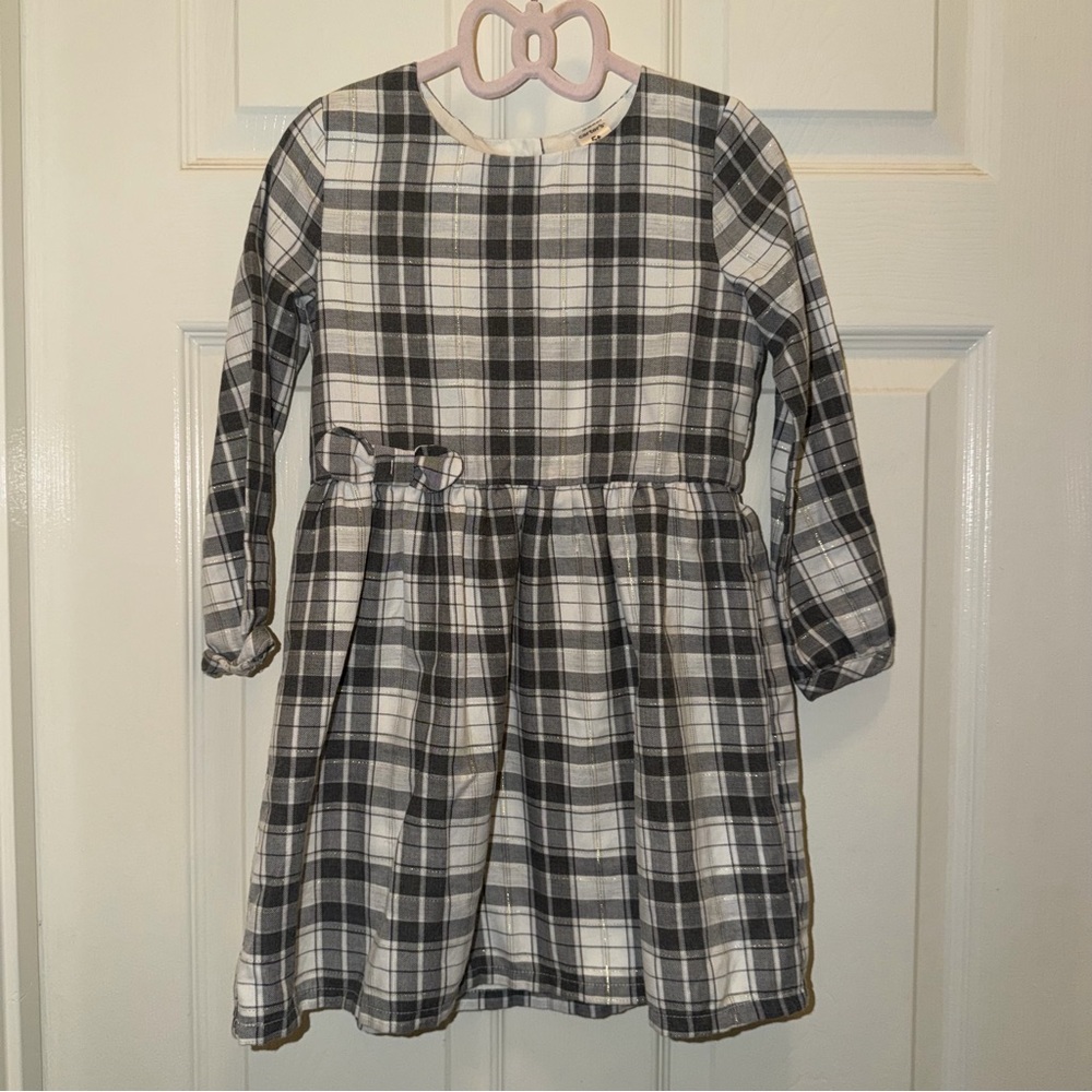 Carter’s Toddler Girl’s Gray Gold Plaid Flannel Bow Long Sleeve Winter Dress 5T